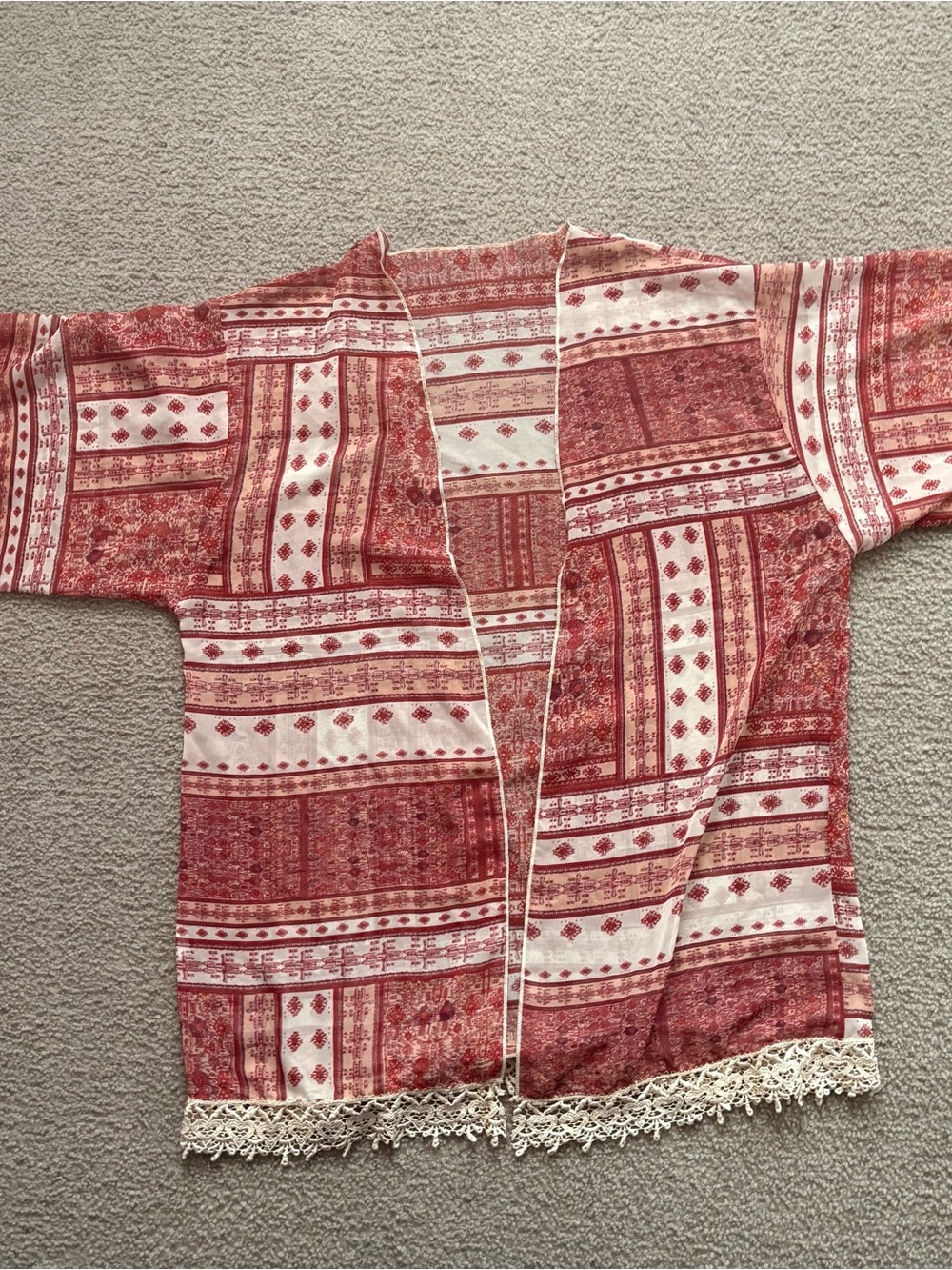 Red Patchwork Open Kimono with Crochet Hem